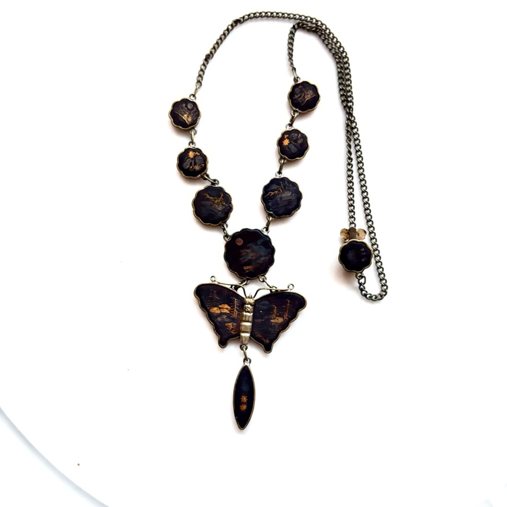 Vintage 40’s Japanese Damascene Butterfly Necklace 24k etched scenes